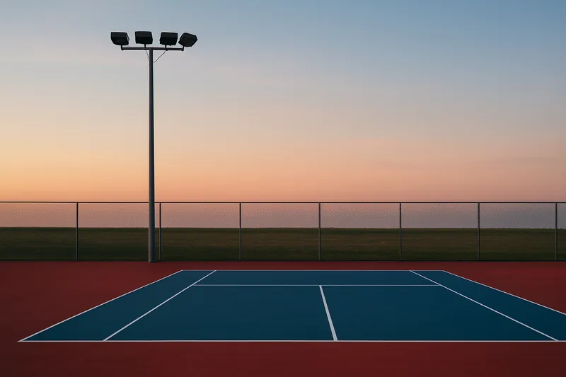 A floodlight pole beside a court at dusk with the lights off — tennis court resurfacing, Adelaide. Illustrative example.