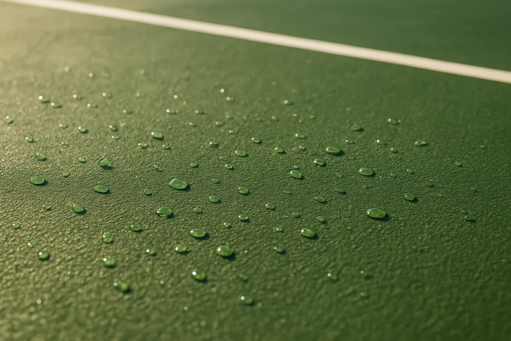 Water beading in small drops on a clean green court surface in side light — tennis court resurfacing, Adelaide. Illustrative example.