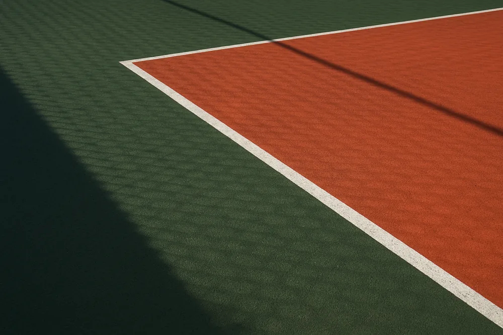 A court surface split by a shadow line from the fence, half in shade and half in morning sun — tennis court resurfacing, Adelaide. Illustrative example.