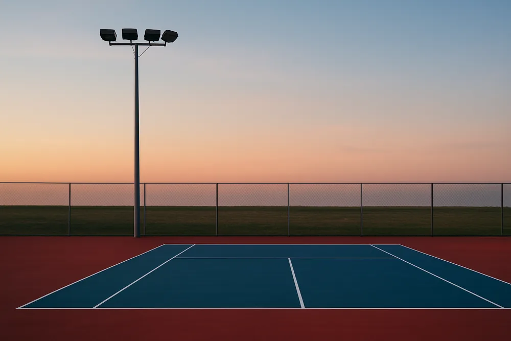 A floodlight pole beside a court at dusk with the lights off — tennis court resurfacing, Adelaide. Illustrative example.
