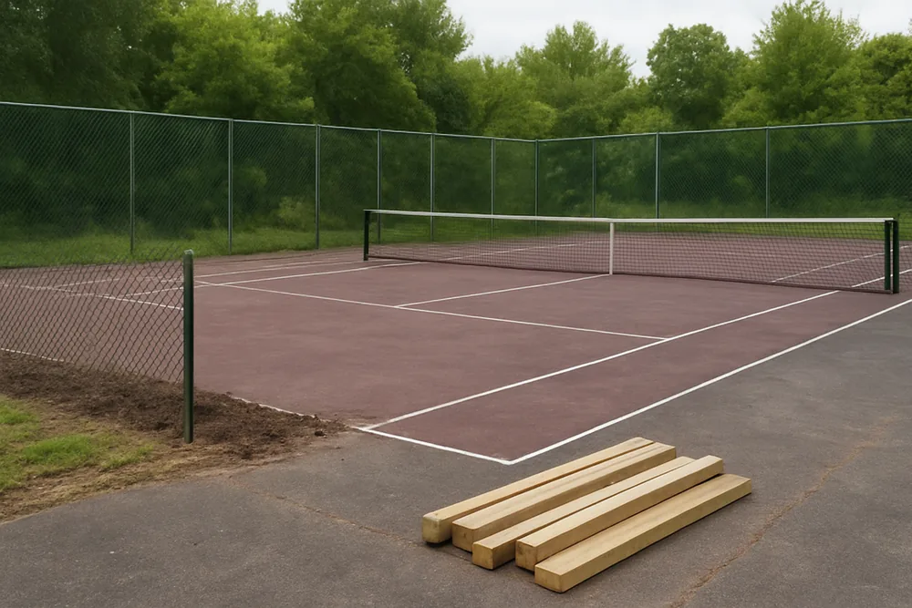 A court with a section of the perimeter fence removed and posts stacked beside it — tennis court resurfacing, Adelaide. Illustrative example.