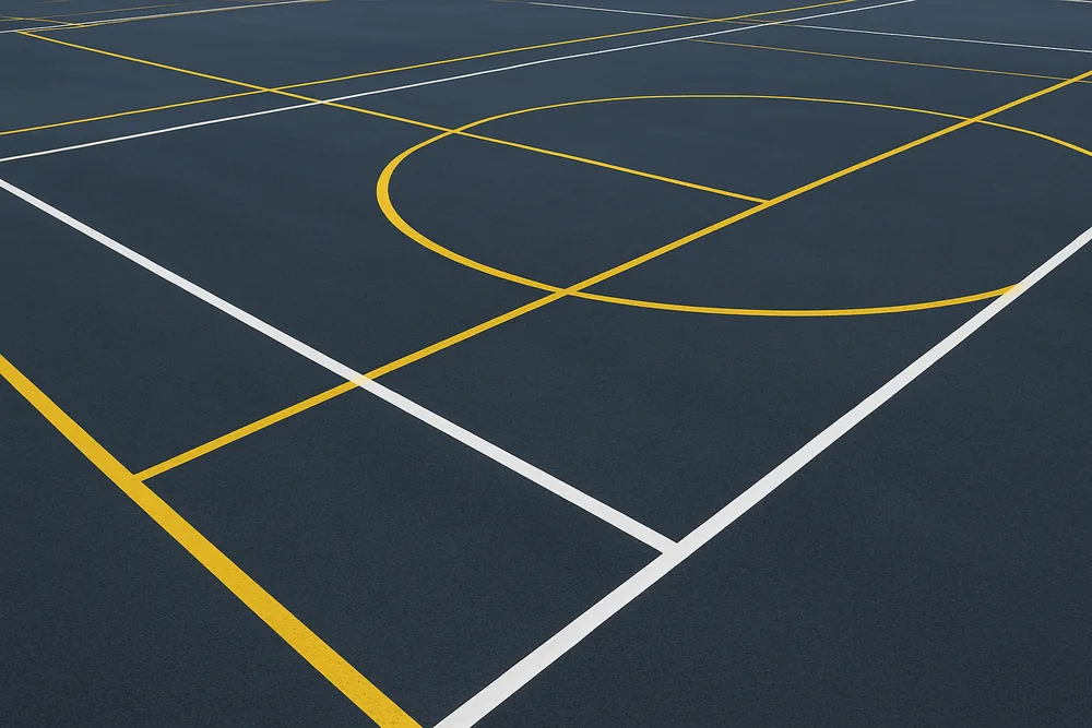 A close view of one court surface carrying two overlapping sets of lines in two colours — tennis court resurfacing, Adelaide. Illustrative example.