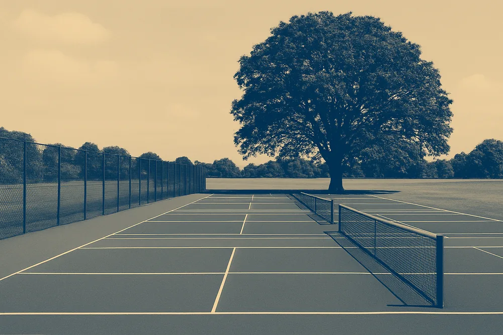 A row of hard courts seen end on with a large tree beside the end fence — tennis court resurfacing, Adelaide. Illustrative example.