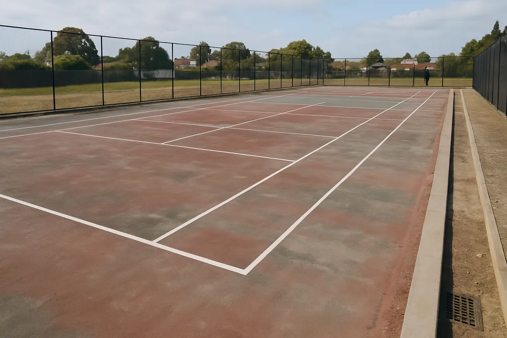 Six hard courts side by side inside one fence with a kerb along one edge — tennis court resurfacing, Adelaide. Illustrative example.