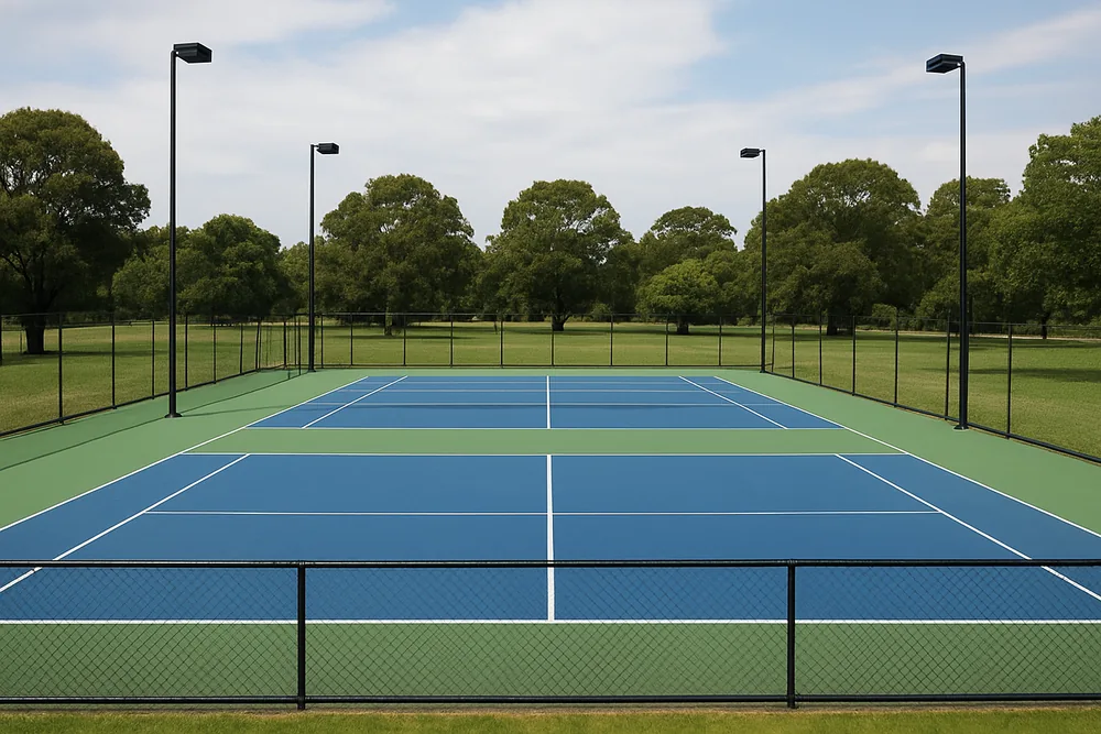Three hard courts in a row with light poles at the corners and a new fence beside a grassed reserve — tennis court resurfacing, Adelaide. Illustrative example.