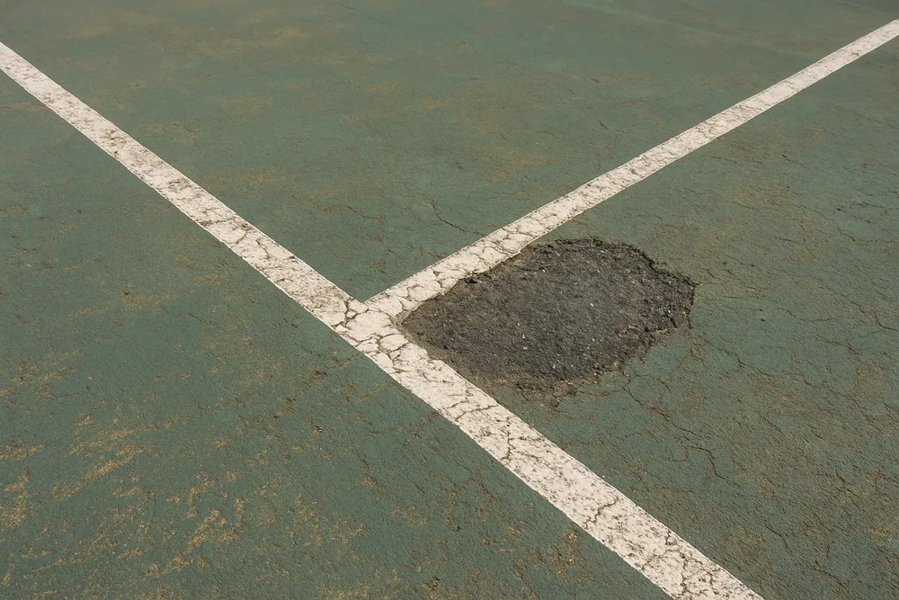 A close view of a worn court surface with faded white lines and a patch of bare asphalt — tennis court resurfacing, Adelaide. Illustrative example.