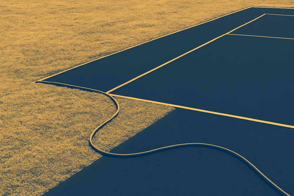 A hose laid across a court surface to the edge of a lawn — tennis court resurfacing, Adelaide. Illustrative example.
